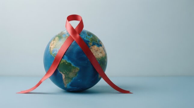 Small Earth globe wrapped in red silk ribbon on light blue background for World AIDS Day conceptual awareness photography World AIDS Day