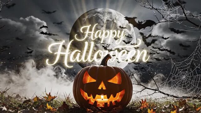 Jack o lantern glowing under full moon with falling autumn leaves and flying bats for halloween celebration motion scene.