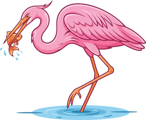 Fototapeta premium A vibrant cartoon illustration of a pink heron catching a small fish in its beak while standing in water.
