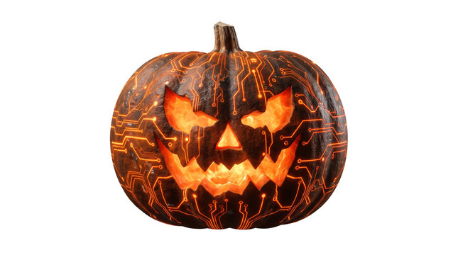 Cyberpunk Halloween pumpkin with glowing circuit board patterns, futuristic jack-o-lantern with orange tech lines, digital horror concept isolated PNG with Transparent Background