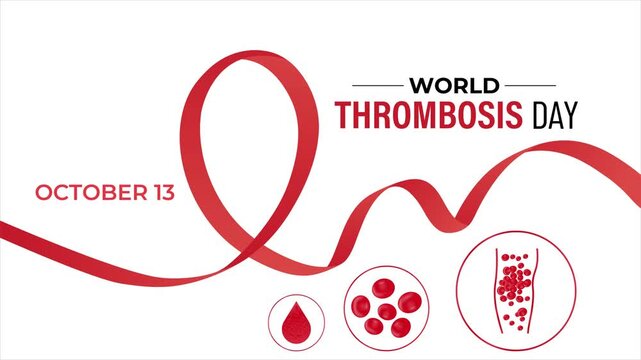 Motion graphics of World Thrombosis Day with blood vessel and clot illustrations for healthcare awareness. Medical awareness animation showing red blood cells flowing through blood vessels