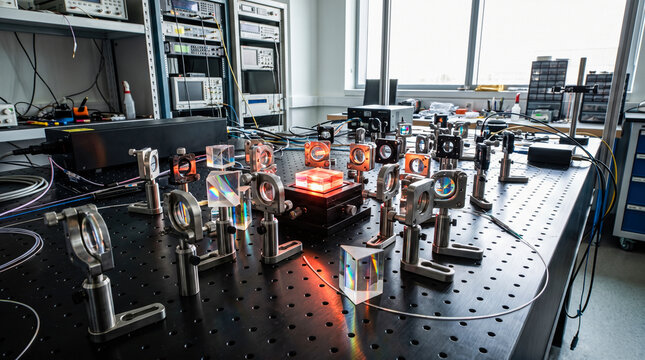 Complex array of silver metallic mirror mounts and glass prisms splitting glowing red laser beam across black perforated optical breadboard table inside laboratory