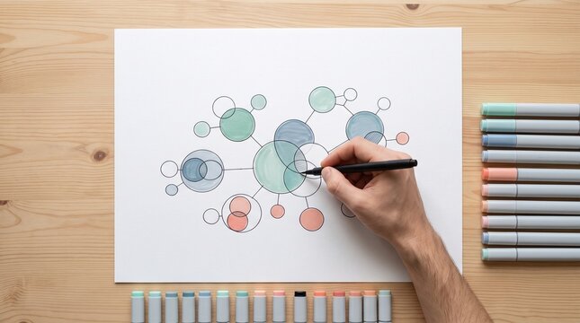 Hand drawing business mind map and network diagram on paper top view photo