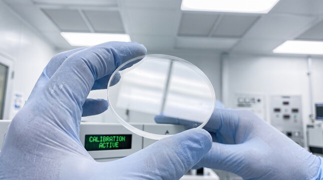 Gloved hands holding transparent circular glass lens component inside bright sterile laboratory cleanroom near testing equipment screen showing calibration active