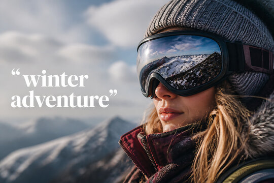 A person in winter gear wearing goggles looks out over snowy mountains during an adventure.