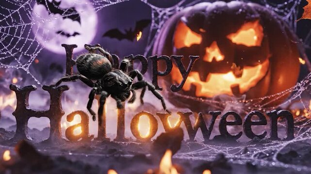 Creepy animated spider crawling over festive Happy Halloween text on dark background with glowing jack-o'-lantern.