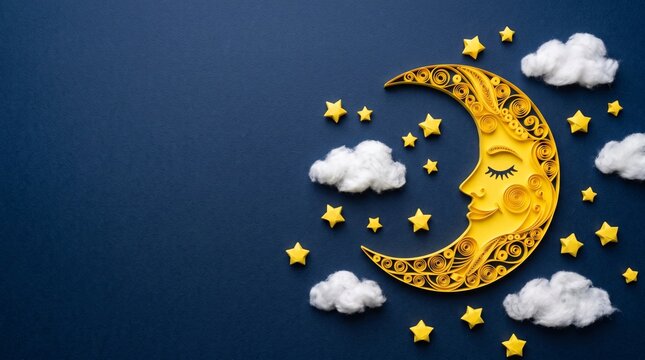 Paper quilling sleeping crescent moon with origami stars and clouds copy space