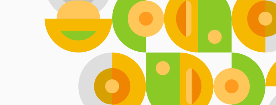 Abstract geometric pattern. Circles, arcs, shapes repeat creating midcentury modern aesthetic. Light colors dominate design.