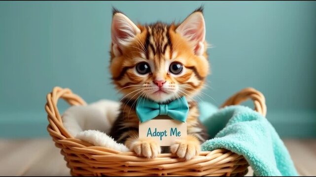 A kitten sitting in a basket with a bow tie, a sweet and charming scene