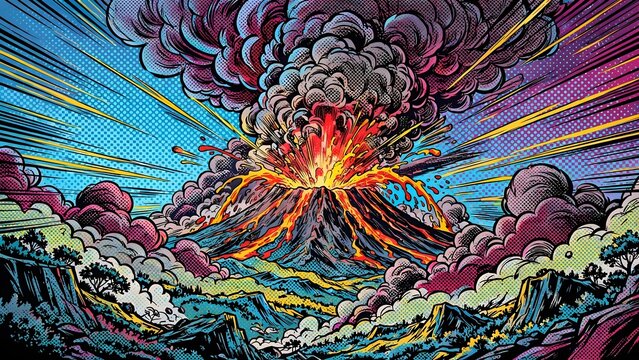 Powerful Pop Art Comic Volcanic Eruption Horizontal 16:9 Landscape with Billowing Ash Clouds and Glowing Lava Bursting from Mountain Peak, High Contrast Ben Day Dots Disaster Illustration