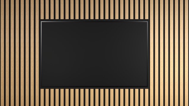 Modern vertical wood slat wall with integrated large TV blank screen mockup - 3D rendering