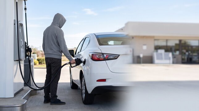 Man pumping gasoline into white car at petrol station forecourt with copy space