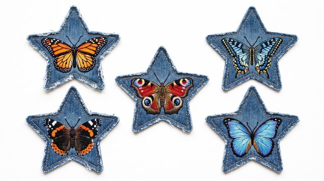 star shaped denim patches showcasing detailed butterfly embroidery.