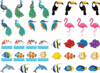 Fototapeta premium A collection of various colorful birds and aquatic animals including peacocks toucans flamingos and tropical fish.