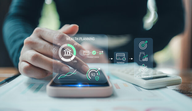 Financial advisor wealth planning payment concept featuring person using smartphone to analyze virtual investment portfolio banking status and long term wealth growth strategies