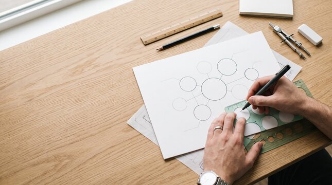 Designer drawing mind map diagram with stencil ruler on paper at wooden desk
