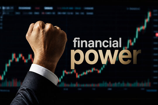 A raised, clenched fist in a suit against a dark background with financial charts.