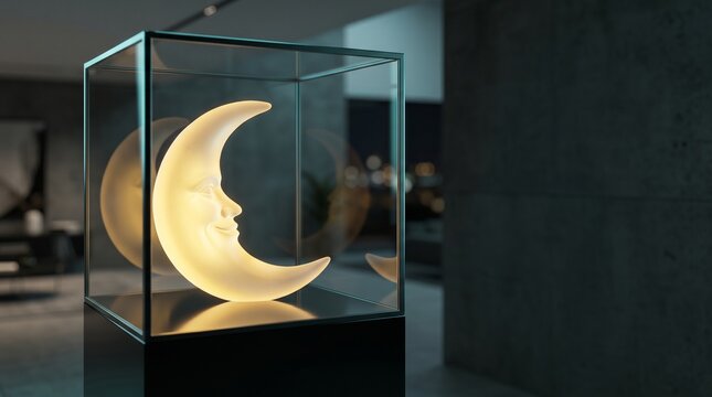 Glowing crescent moon lamp in glass display showcase modern interior 3d render
