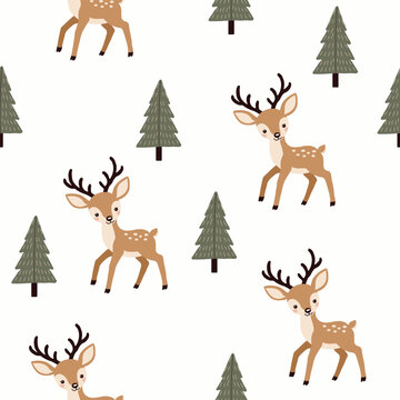 Seamless Pattern with Cute Woodland Deer and Evergreen Trees