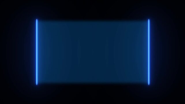  Abstract futuristic blue neon rectangular frame with glowing vertical light bars, dark background, digital technology, modern presentation, cyber interface, and elegant lighting effect.