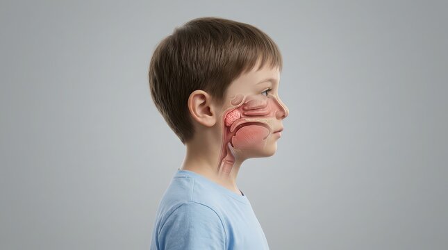 Side profile of a young boy with a transparent overlay of his nasal and oral cavity anatomy Keywords: anatomy, boy, child, cross-section, head