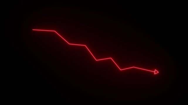 Red neon line graph showing a downward trend against a dark background chart decline