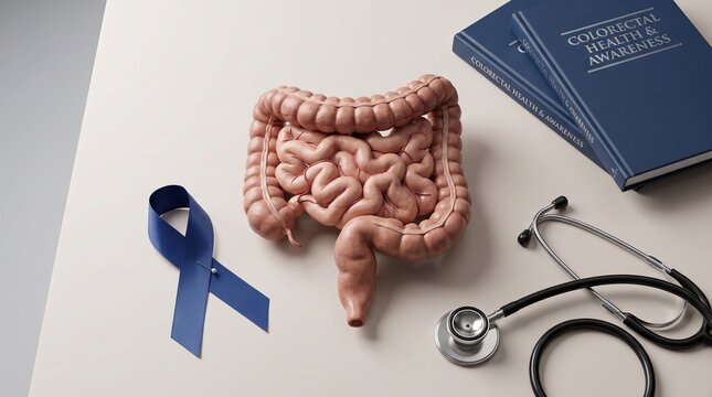 Colorectal anatomy model with blue awareness ribbon and stethoscope on desk representing medical diagnostic screening for digestive health issues