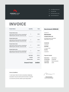 Modern invoice template for business. Company bill document template.