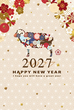 2027年未年　和風花柄の羊の年賀状テンプレート
