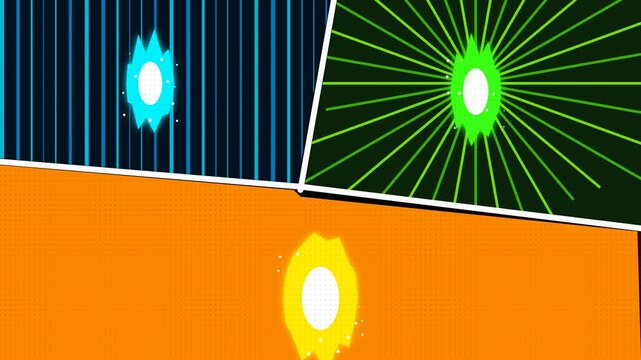 Dynamic abstract geometric panels featuring glowing light pulses and radiant starburst patterns within a colorful digital motion video background clip
