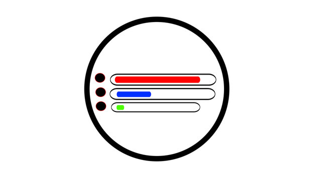 Three progress bars within a black circle on white background Keywords: progress bar, loading bar, bar chart