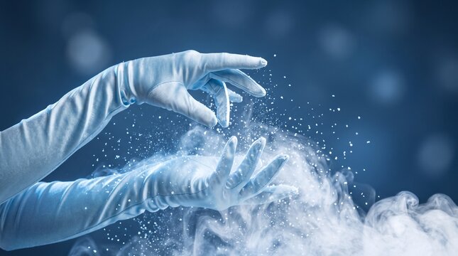 Magical ice queen hands in satin gloves casting snow spell with cold mist