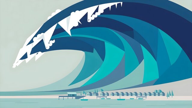 Minimal Flat Vector Colossal Stylized Tsunami Wave Composed of Layered Geometric Shapes Over Simplified Coastal Village, Clean Graphic Abstract Water Disaster Illustration