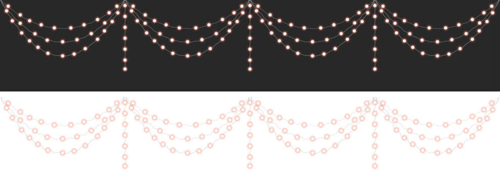 String lights illustration warm glowing effect, arranged in a festive garland draped across, Transparent PNG element, for holiday decoration overlays and seasonal design