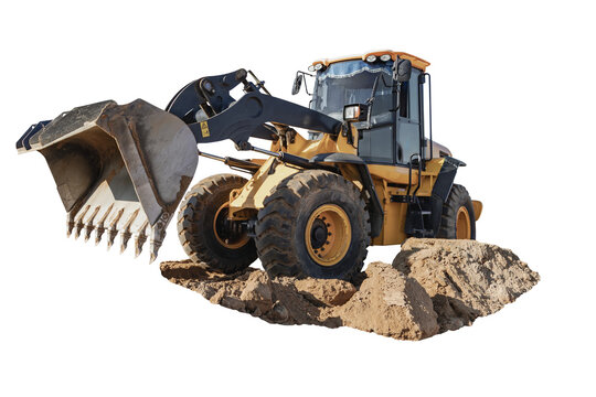 A yellow loader is positioned on an isolated background. It has a large bucket in front for digging and moving dirt at a construction site.
