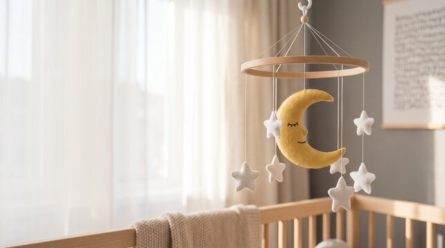 Baby crib mobile with felt moon and stars hanging over bed in bright nursery