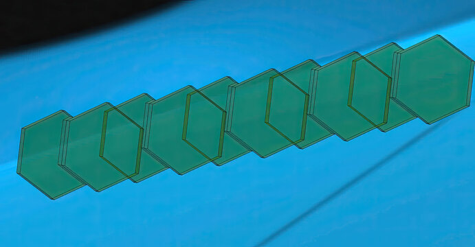 Hexagonal translucent tiles arranged in a diagonal line against a blue background with soft lighting