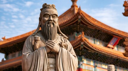 Fototapeta premium Confucius statue standing in front of traditional chinese temple
