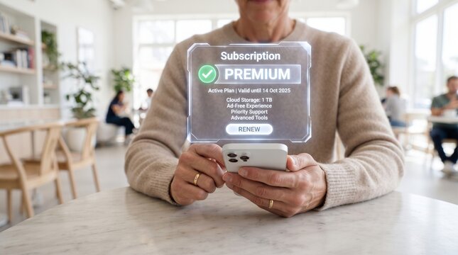 Person sitting at cafe table holding smartphone projecting holographic premium subscription augmented reality screen with futuristic interface smartphone projection digital technology hologram