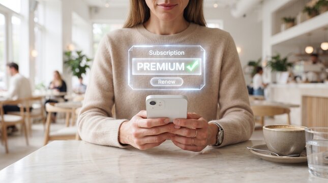 Woman sitting at cafe table holding smartphone with holographic premium subscription augmented reality interface futuristic interface smartphone projection digital technology mobile app