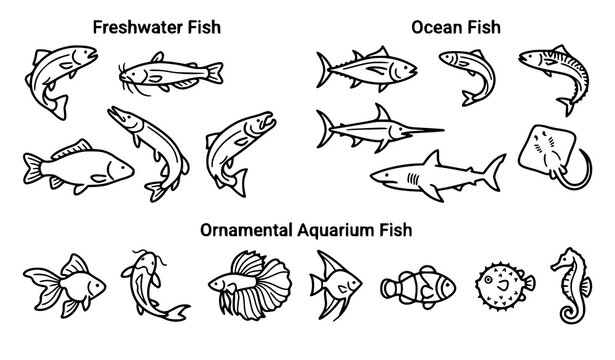 Freshwater ocean and aquarium fish outline icon set in minimalist vector style