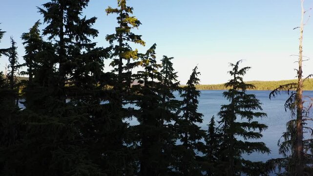 4K aerial drone footage of Summit Lake near Diamond Peak Wilderness, Oregon, USA, at sunset on a clear late summer evening, surrounded by dense evergreen forest in the Cascade Mountains