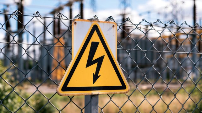 High voltage electricity danger warning sign on fence