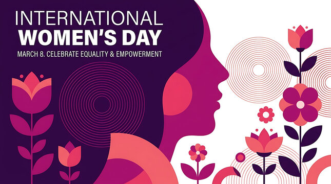 International womens day flat vector illustration with profile of woman and colorful spring flowers