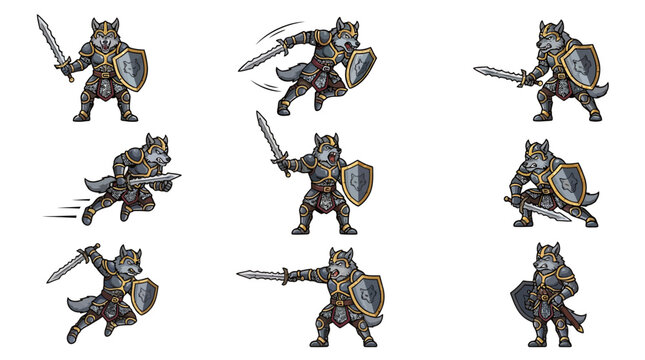 Wolf warrior character sprite sheet featuring various combat action poses with sword and shield