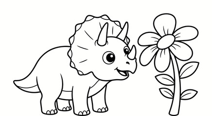 Cute cartoon triceratops dinosaur smelling a flower for children coloring page illustration line art © Razia