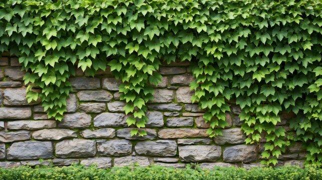 Green ivy leaves growing on old stone wall