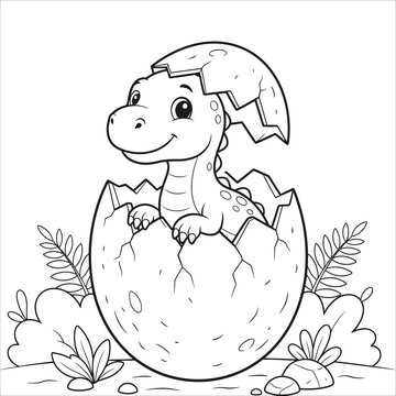 Cute baby dinosaur hatching from an egg in a prehistoric jungle setting for kids coloring book page
