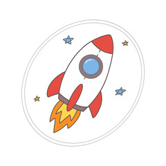 Cute cartoon rocket spaceship flying through space with colorful flames and stars © Rizal illustration 