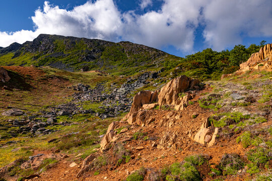 A beautiful mountain nature reserve landscape with bright orange rock outcrops. A summer landscape of a protected nature reserve Kallskaret in World Heritage Area in Western Norway.